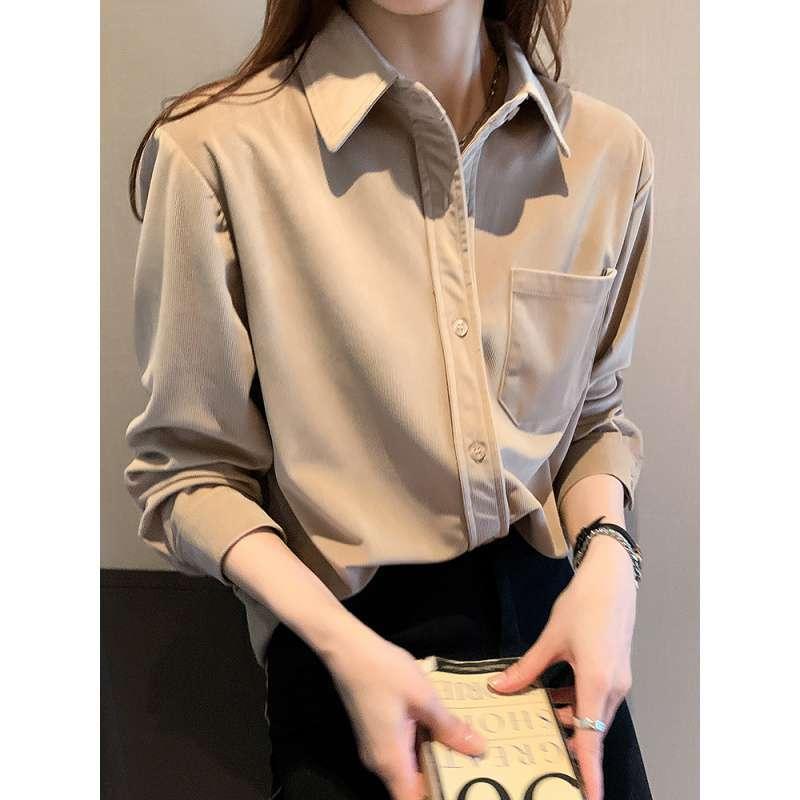 シャツ レディース 小柄 デザイン 長袖 コーデュロイ 杏色 ピンク系 重ね着 トップス 秋冬