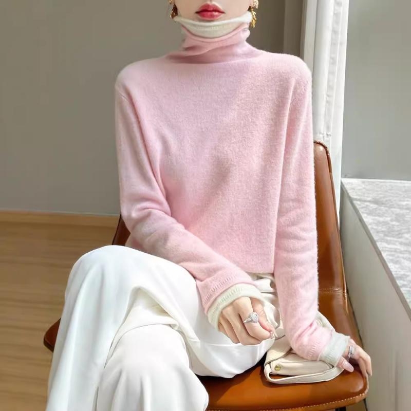 ニット・セーター レディース 秋冬 配色 タートルネック プルオーバー 長袖 トップス リブニット 切り..