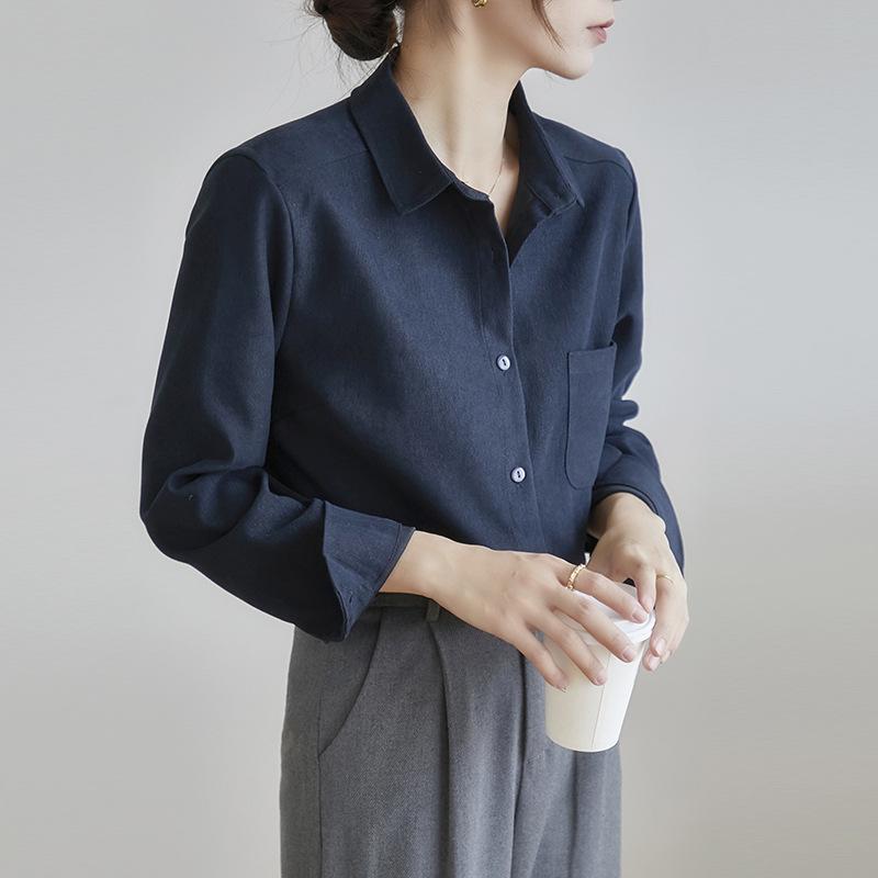 シャツ レディース 秋冬 コーデュロイ トップス ブラウス 長袖 ゆったり 紺色 ブルー 青 杏色 ポケット付き カジュアル