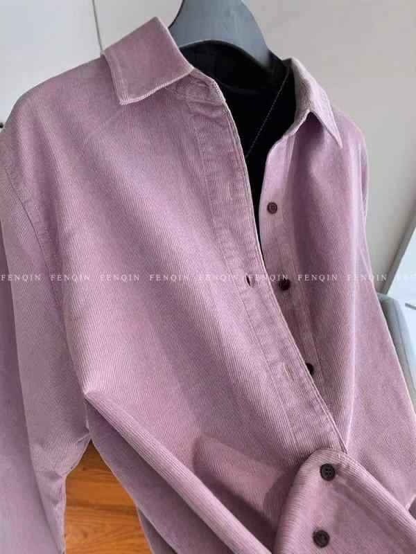 シャツ レディース ランタンスリーブ コーデュロイ チェック柄 トップス ブラウス 紫 長袖 ゆったり 韓国風 ファッション カジュアル