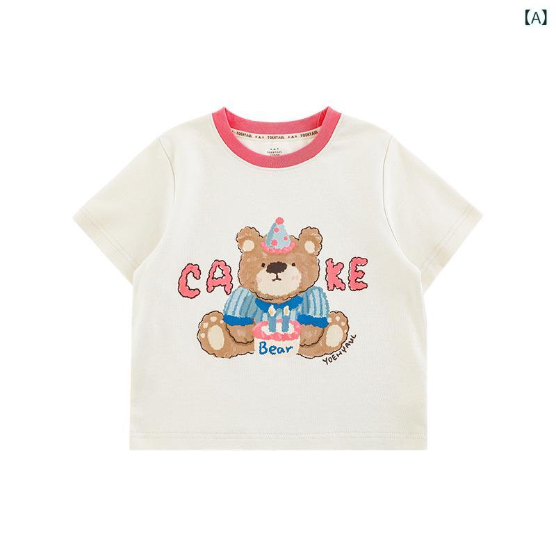 Shirts, T-Shirts - 女の子 セットアップ 夏服 短袖 Tシャツ 短パン 綿100 軽薄 柔らかい ピンク イエロー かわいい クマ柄 プリント 子供服 3-8歳 100-140cm 普段使い 部屋着 生地 普通厚 卡通 パターン 潮范 スタイル 韓国風