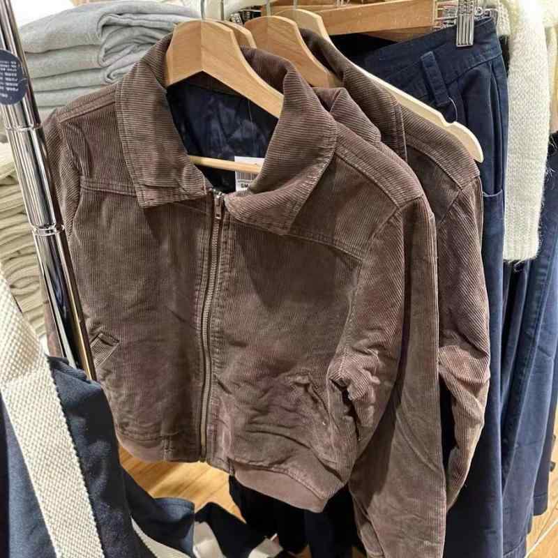 ジャケット レディース コーデュロイ 襟付き 長袖 ショート丈 トップス ジップアップ 薄手 スリム ゆったり かわいい ブラウス 韓国風 カジュアル 秋冬