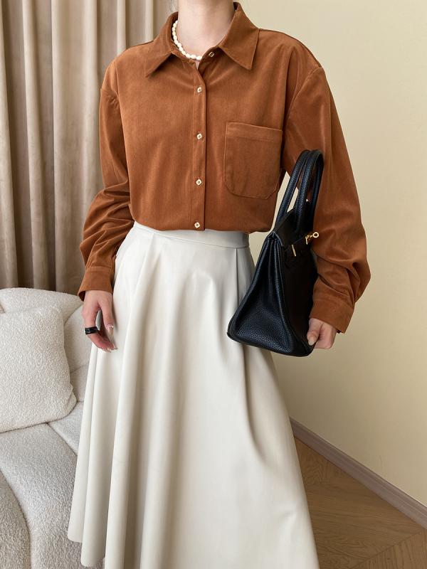 シャツ レディース コーデュロイ シンプル デザイン トップス 長袖 ブラウス 前開き 襟付き 無地 ゆったり 秋冬 キャラメル色 杏色 ブラック