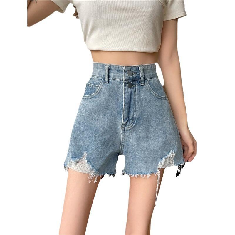 レディース デニム ショートパンツ 春夏 薄手 高腰 ワイドレッグ ハーレム 膝上丈 破れ 切り替え ポケット 気質 通勤 微弾性 ライトブルー ホワイト ブラック 軽量 普段使い 伸縮性 ポリエステル ポリエステル混 ミックス コットンライク カジュア