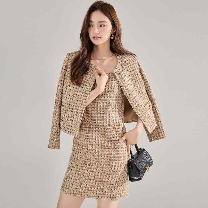 セットアップ レディース ツイード フリンジ ジャケット ワンピース ミニスカート 長袖 カフェ色 ポリ..