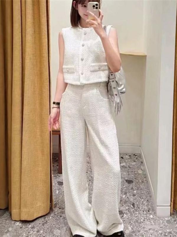 セットアップ レディース フレンチスタイル ノースリーブ ツイード ベスト ワイドレッグパンツ 綿 7分丈 春夏 私服 名媛風