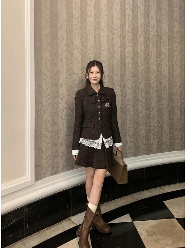 セットアップ レディース 秋冬 レース 刺繡 ウール ジャケット プリーツスカート 深咖啡色 日韓風