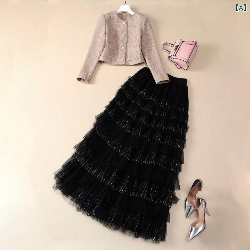 セットアップ レディース 春物 長袖ツイードジャケット チュールスカート 上下 2点セット コーヒー色 黒 赤 エレガント 通勤