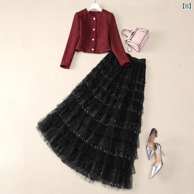 セットアップ レディース 春物 長袖ツイードジャケット チュールスカート 上下 2点セット コーヒー色 黒 赤 エレガント 通勤