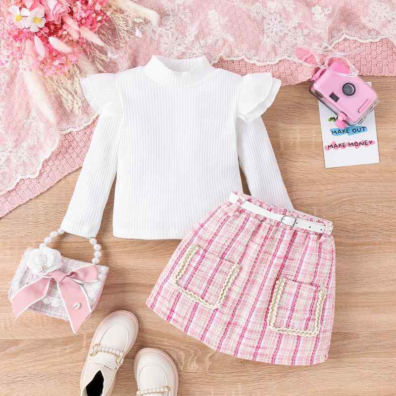 Skirt Suits - 子供用セットアップ 秋冬 女の子 小香風 高襟トップス チェック柄ツイードスカート ウエストベルト 3点セット キッズ ガールズ 子供服 かわいい おしゃれ着 普段着