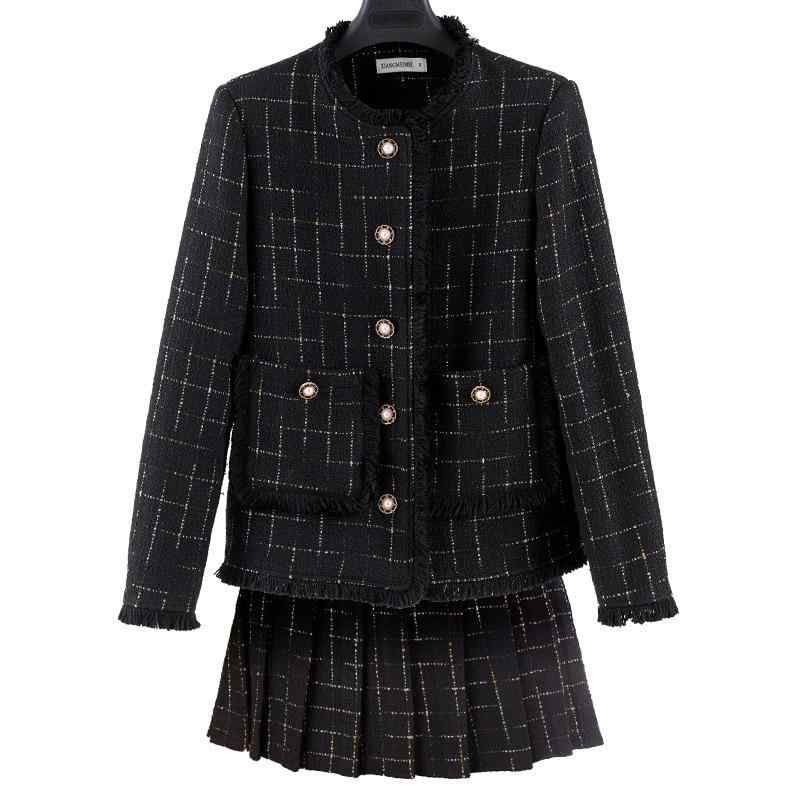 ジャケット レディース 秋冬 チェック柄 ツイード 厚手 ゆったり スタンドカラー 黒 白 S M L アウター