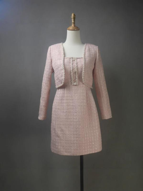 ワンピース レディース ツイード セットアップ 2点セット 膝上丈 Aライン パステルピンク 長袖 Uネック..