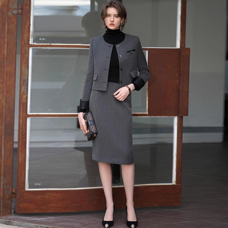 スカート レディース 秋冬 セットアップ スーツ エレガント 知的スタイル 丸首 長袖 ウール ショート丈 グレー 粘胶纤维 切り替え袖口 OL 通勤 膝丈 ミモレ丈