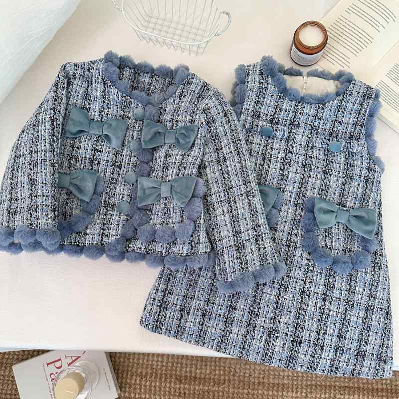 子供用セットアップ スカートスーツ 女の子 ツイード風 ジャケット ビスチェワンピース 2点セット 冬服 厚手 90 100 110 120 130 140cm