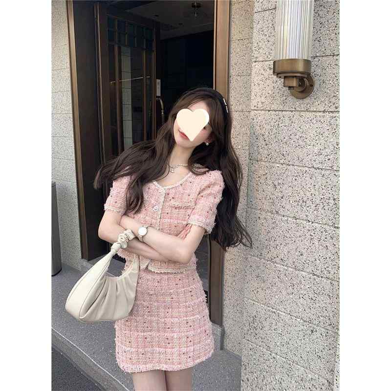 Skirt Suits - セットアップ レディース 半袖ブラウス 膝丈スカート ピンク系 無地 韓国風 きれいめ 上下 2点セット