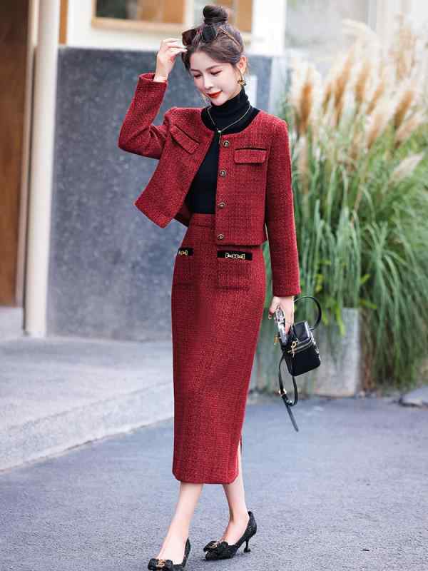 セットアップ レディース 秋 粗花呢 ツイード 長袖 スカート スーツ エレガント 切り替え スリムフィット M L XL XXL 赤