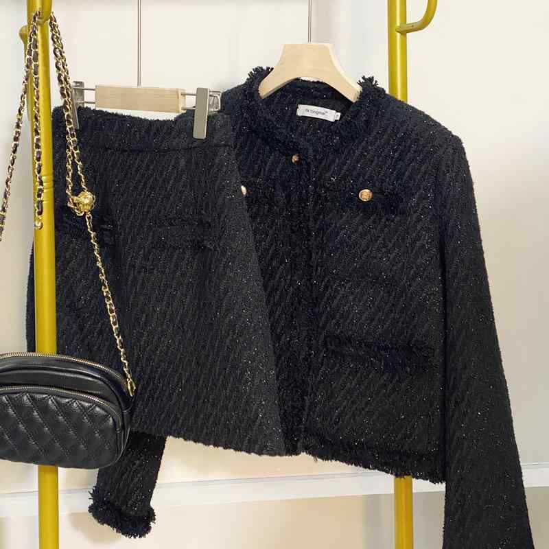 Other - セットアップ レディース 高見え ツイード ジャケット ミニスカート 長袖 エレガント 上下セット 2点 粗 tweed ライク S M L XL グレー 黒 ブラック 通勤 きれいめ