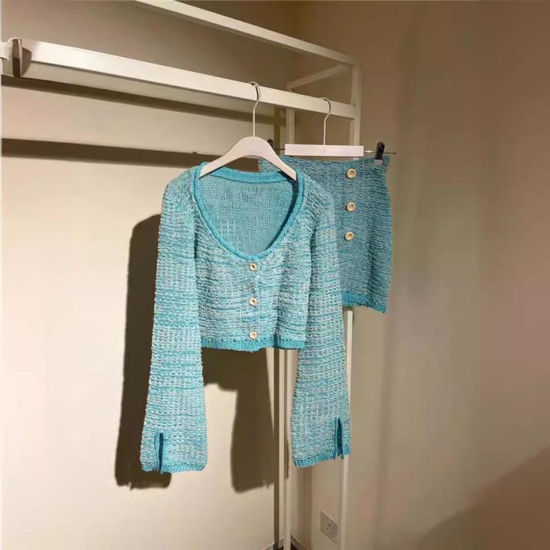 カーディガン レディース 春夏 ショート丈 ニット ブルー系 ツイード エレガント 通勤 長袖 トップス スカート セットアップ
