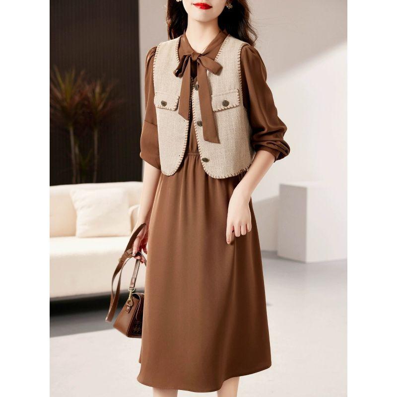 ワンピース レディース セットアップ ツーピース ベスト ロングワンピース きれいめ エレガント 高見え 上品 通勤 秋冬 ポリエステル 粗花呢 气质 通勤 ブラック カーキ S M L XL 2XL