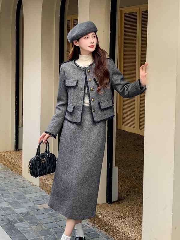 ダウンジャケット レディース スカート セットアップ スーツ フォーマル エレガント ツイード 2点セット 長袖 グレー系