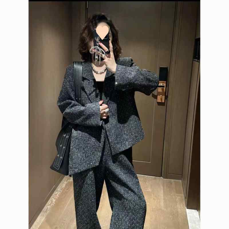 スーツ レディース 長袖ツイードジャケット ワイドパンツ 2点セット セットアップ キラキラ ジルコニア飾り エレガント フォーマル パーティー 秋冬