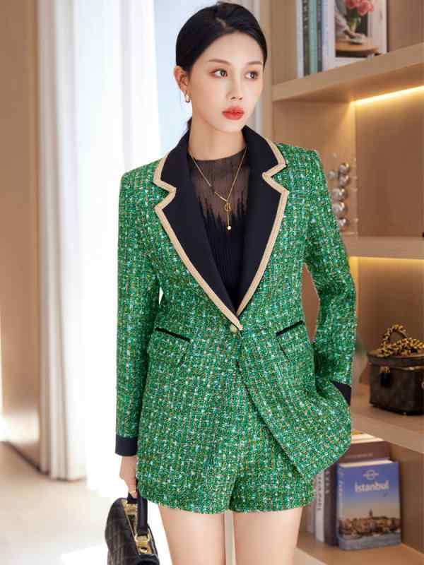 ジャケット レディース 秋冬 ショート丈 ツイード 長袖 黒 緑 ポリエステル エレガント パンツスーツ カジュアル