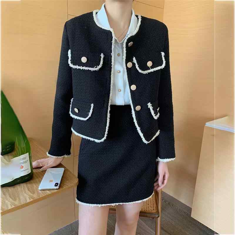 セットアップ レディース エレガント ツイード ジャケット スカート 上下 2点セット 千鳥格子柄 丸首 長袖 ショート丈 ハイウエスト Aライン ひざ丈 ゆったり 通勤 オフィス フォーマル 春秋冬 ホワイト系 ブラック