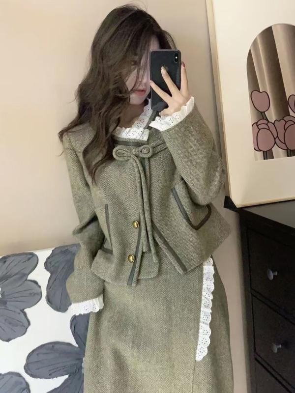 セットアップ レディース 秋冬 ツイード ジャケット ミニスカート 上下 2点セット 緑 グリーン エレガント かわいい 大人かわいい きれいめ フェミニン