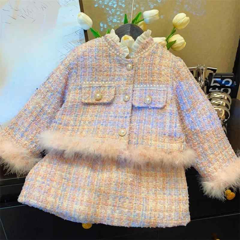 子供用セットアップ ガールズ ツイードスカート 上下セット 裏起毛 長袖 アウター スカート ピンク系 秋冬(4)