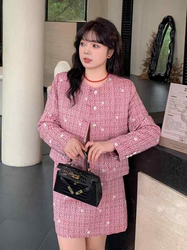 セットアップ レディース 大きいサイズ チェック柄 ツイード ジャケット スカート 長袖 ショート丈 花柄 レッド グリーン レトロ かわいい ポリエステル 普段使い