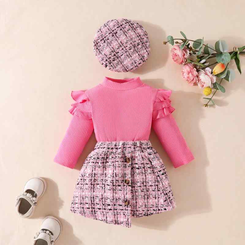 ベビー服 女の子 ニット セットアップ 長袖 トップス チュールスカート ベレー帽付き チェック柄 無地 2点セット 深ピンク