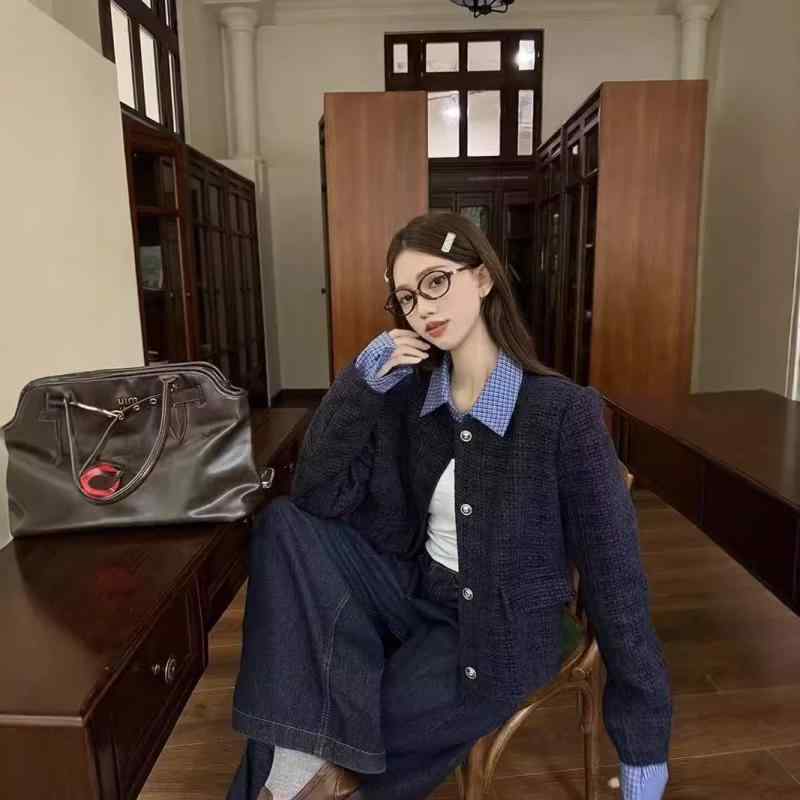 ジャケット レディース 韓国風 フェイクレイヤード 配色 襟付き ショート丈 ツイード アウター カジュアル