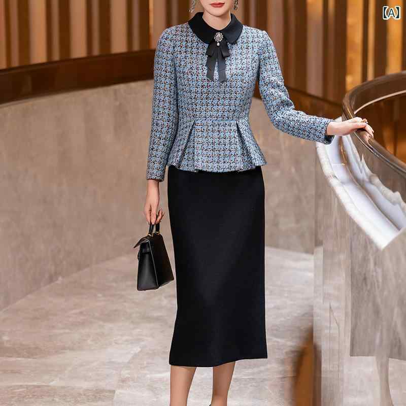 セットアップ レディース 秋冬 ブルー 千鳥格子 ウール混紡 長袖 トップス スカート 上下 2点 通勤 OL きれいめ エレガント