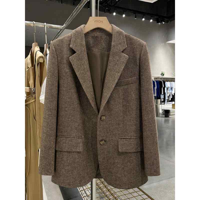 ジャケット レディース 秋冬 ブラウン系 レトロ ウール ヘリンボーン柄 ブレザー 韓国風 きれいめ トップス ポケット付き S M L XLサイズ展開