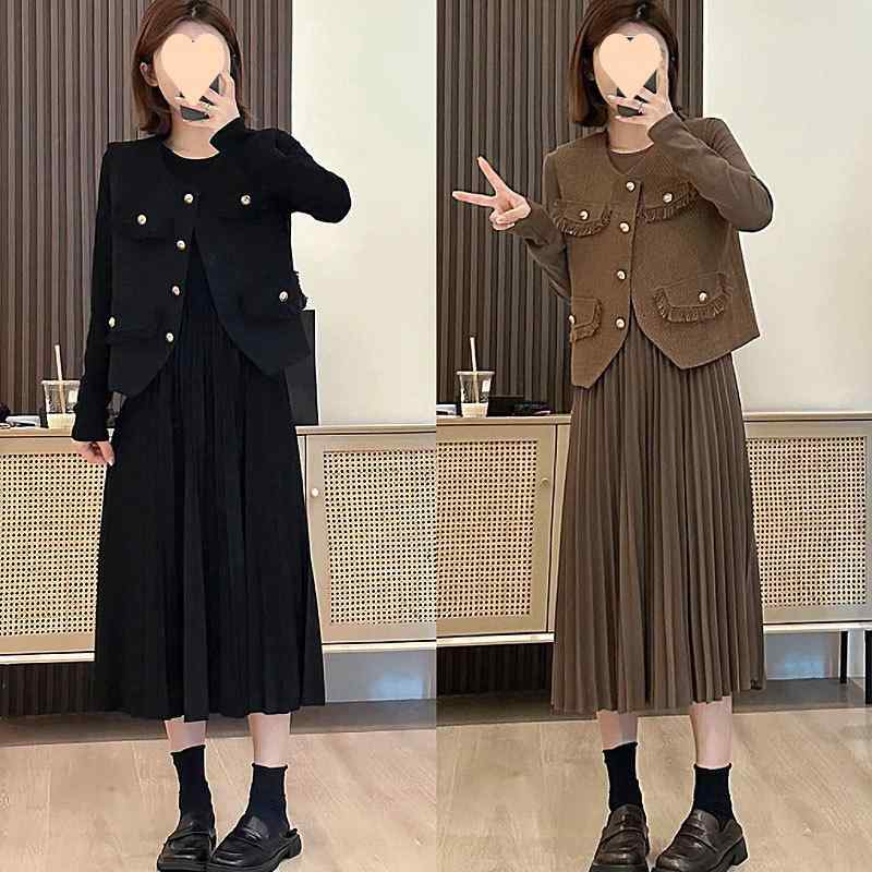 セットアップ レディース 大きいサイズ フレンチスタイル ジャケット ワンピース 2点セット 粗花呢風 ポリエステル ブラック 黒 ブラウン 茶色 L XL 2XL 3XL 4XL