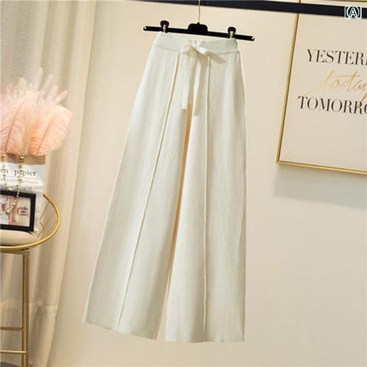 Tシャツ レディース 高腰 ワイドレッグパンツ カジュアルパンツ シェニール織 長ズボン ニットパンツ ゆったり 普段使い ラウンジウェア 秋冬 米白 グレー 黒 駝色 コーヒー色