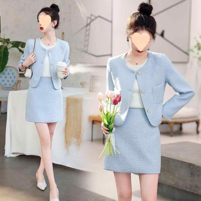 セットアップ レディース 小柄 秋冬 ツイード 2点セット ワンピース 長袖 膝下丈 Aライン フェミニン 通勤 きれいめ ブルー 青