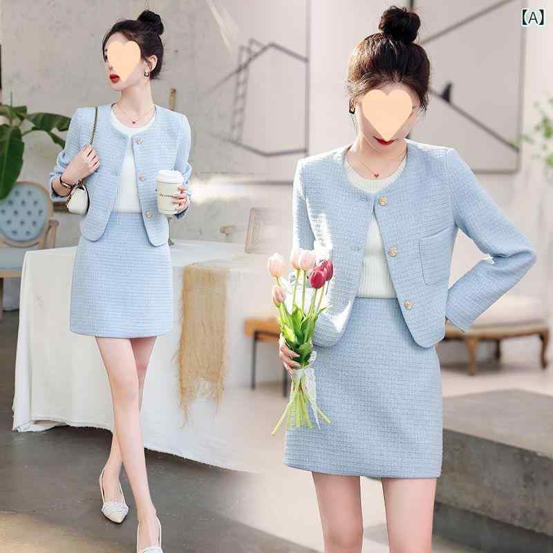 セットアップ レディース 小柄 秋冬 ツイード 2点セット ワンピース 長袖 膝下丈 Aライン フェミニン 通勤 きれいめ ブルー 青