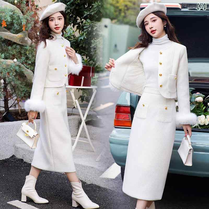 セットアップ レディース ダウンジャケット ＆ ロングスカート 白ダックダウン フォックスファー ツイード ホワイト パープル M L XL 秋冬