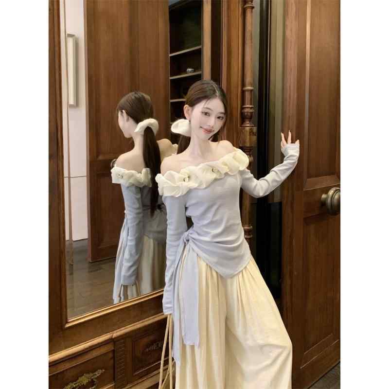 セットアップ レディース 花柄 トップス 杏色 ワイドレッグパンツ ポリエステル 2点セット 長袖 普段使い 通勤 春秋冬