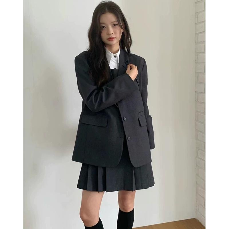 スーツ レディース 韓国風 3点セット（ジャケット 膝丈ワンピース パンツ スカート）無地 グレー 黒 ウール混紡 秋冬