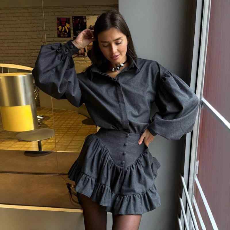 セットアップ レディース 春 格子柄 デザイン フリル ミニスカート 2点セット コットン 欧米風 ストリート系 普段使い 長袖 S M L グレー