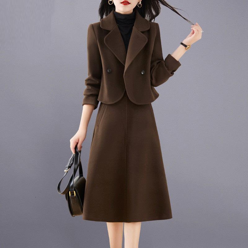 スカート レディース 秋冬 毛呢 セットアップ ジャケット ミディアム丈スカート ツーピース スーツ エレガント 通勤 きれいめ ポリエステル 無地 ブラウン レッド