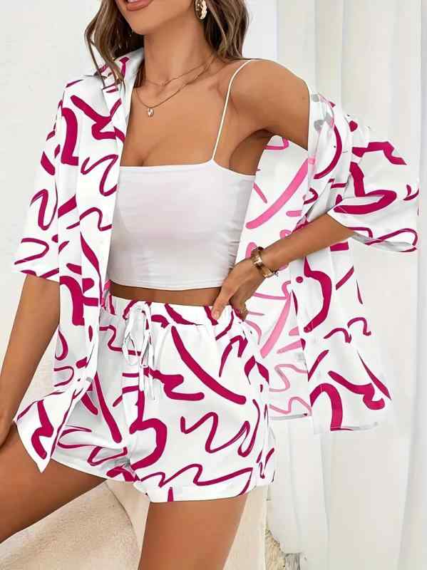 シャツ レディース トップス & ショートパンツ 上下セット プリント柄 ポリエステル 通勤 カジュアル 普段使い 快適 5分袖 春夏 レッド系 ホワイト系 ブラック系 XS S M L XL