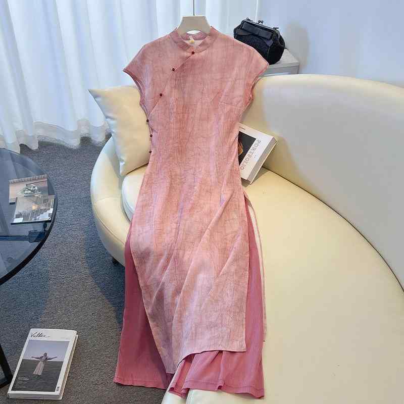 チャイナドレス レディース ワンピース ピンク系 国風 ミモレ丈 膝下丈 ポリエステル パーティー イベント レトロ かわいい