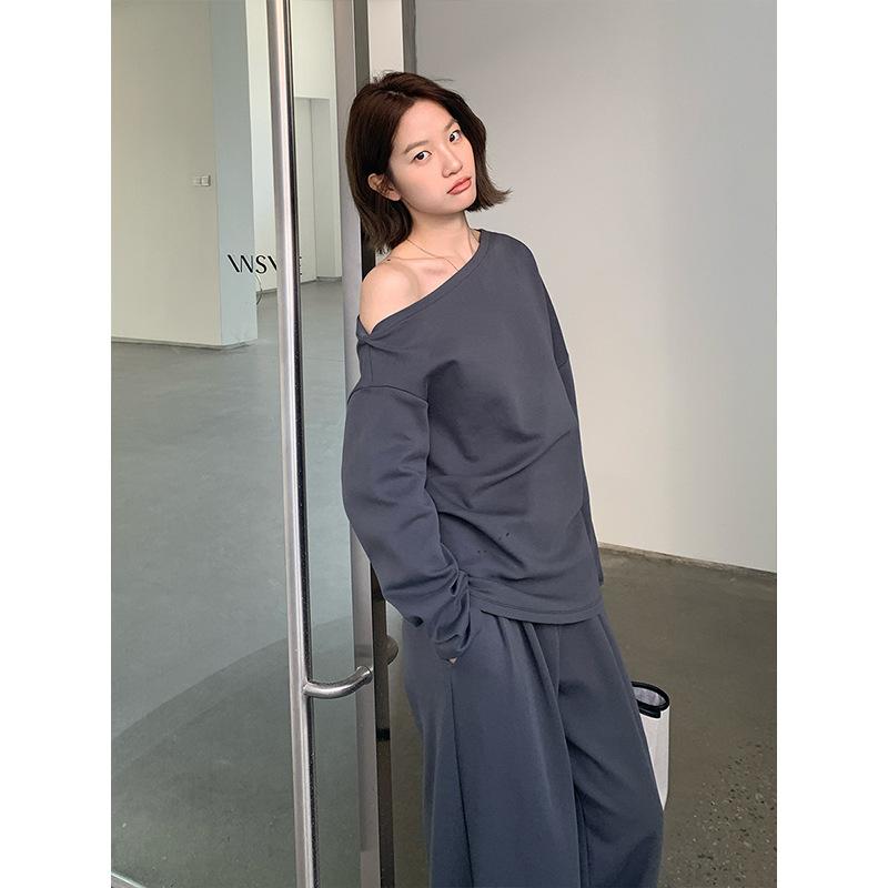 セットアップ レディース 斜め襟 トップス パンツ 2点 花灰色 黒 綿 日韓スタイル 長袖 普段使い