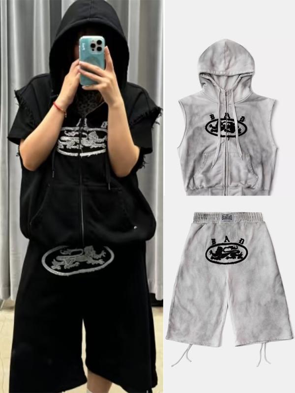 セットアップ レディース コットン 刺繡 ロゴ パーカー ベスト ハーフパンツ カジュアル ストリート ブラック ホワイト
