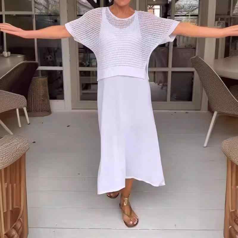 ニット ワンピース セットアップ レディース 膝丈 チュニック 半袖 サマーニット 快適 涼しい 無地 シンプル カジュアル 紺色 ネイビー ブルー 青 緑 グレー ベージュ ブラック 大きいサイズ 春夏