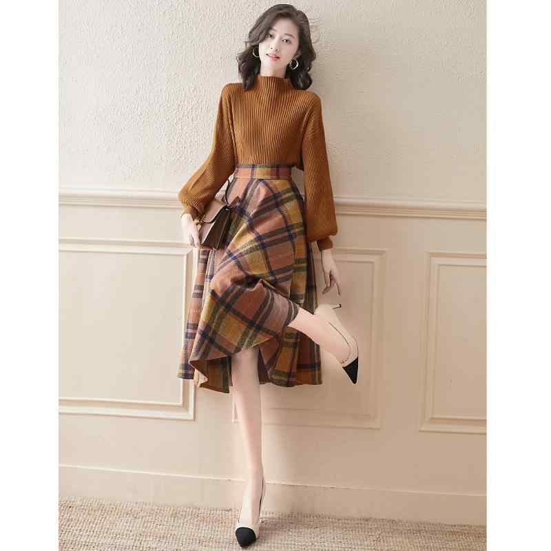 ・柄: 格子柄・スカート丈: ミモレ丈・スタイル: 文芸風、レトロ・袖丈: 長袖・袖のタイプ: ランタンスリーブ・カラー: オレンジ・サイズ展開: S、M、L、XL、XXL・素材: レーヨン・主素材含有量: 90-95%・セット内容: スカ...