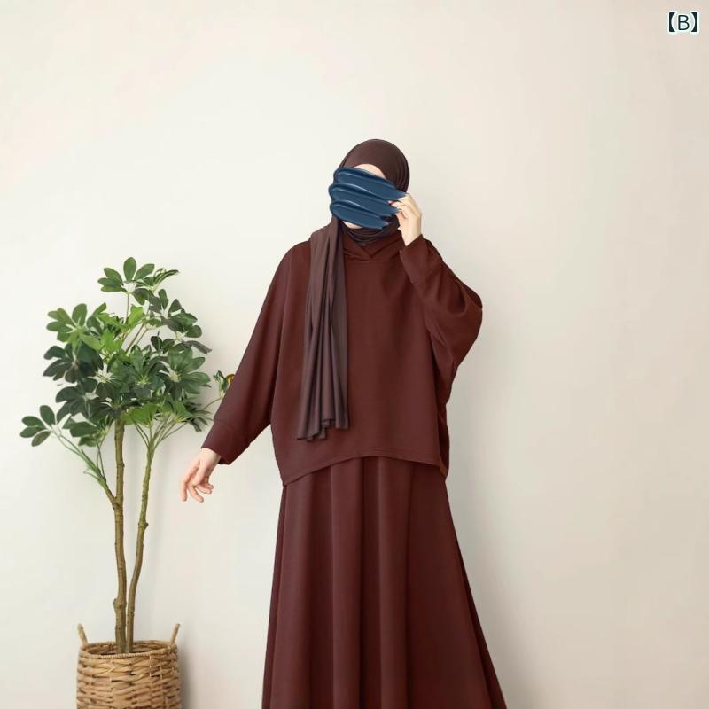 セットアップ レディース イスラム教徒 女性用 無地 ニット ゆるい フード付き トップス スカート 土黄色 コーヒー色 快適 普段使い